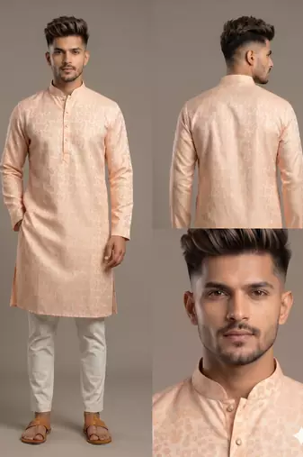 Light orange woven floral silk blend straight men's kurta