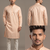 Light orange woven floral silk blend straight men's kurta