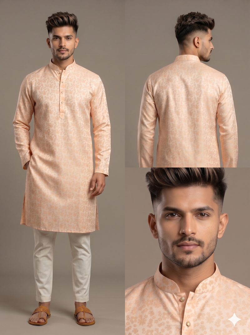 Light orange woven floral silk blend straight men's kurta