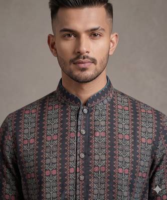 Black floral digital print art silk mandarin collar men's kurta 3