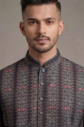 Black floral digital print art silk mandarin collar men's kurta