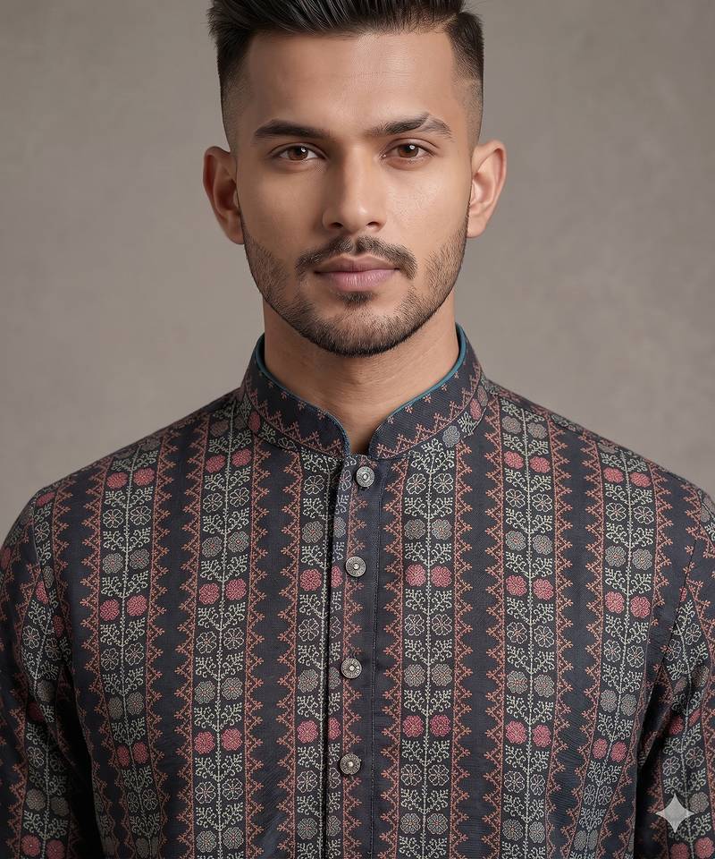 Black floral digital print art silk mandarin collar men's kurta