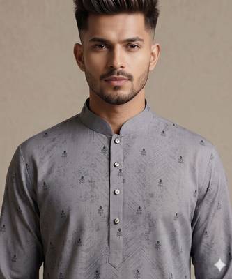 Grey digital printed faux silk blend mandarin collar straight men's kurta 3