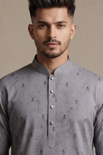 Grey digital printed faux silk blend mandarin collar straight men's kurta