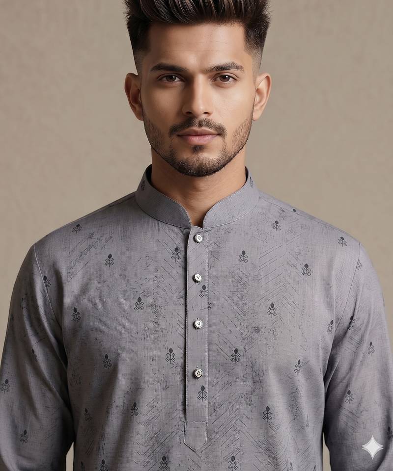 Grey digital printed faux silk blend mandarin collar straight men's kurta