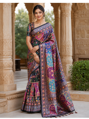 Black Color Printed With Hand Aari Work Jari Outing Work With Mirror Dola Silk Saree 1