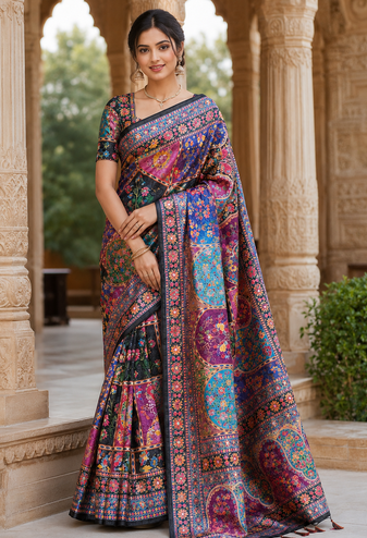 Black Color Printed With Hand Aari Work Jari Outing Work With Mirror Dola Silk Saree
