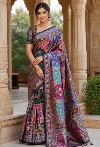 Black Color Printed With Hand Aari Work Jari Outing Work With Mirror Dola Silk Saree