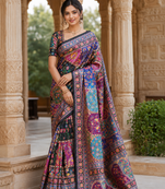 Black Color Printed With Hand Aari Work Jari Outing Work With Mirror Dola Silk Saree