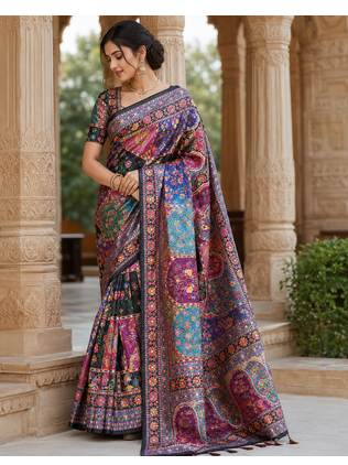 Black Color Printed With Hand Aari Work Jari Outing Work With Mirror Dola Silk Saree 2