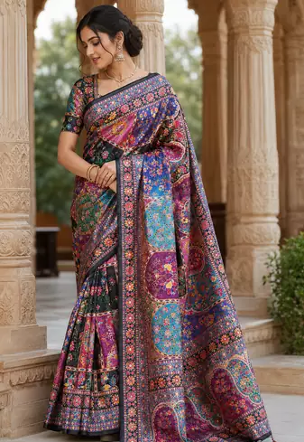 Black Color Printed With Hand Aari Work Jari Outing Work With Mirror Dola Silk Saree