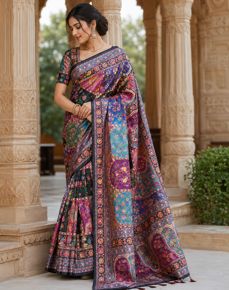 Black Color Printed With Hand Aari Work Jari Outing Work With Mirror Dola Silk Saree