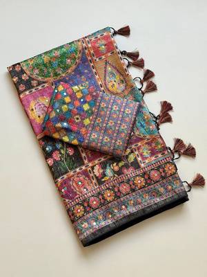 Black Color Printed With Hand Aari Work Jari Outing Work With Mirror Dola Silk Saree 5