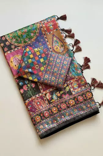 Black Color Printed With Hand Aari Work Jari Outing Work With Mirror Dola Silk Saree