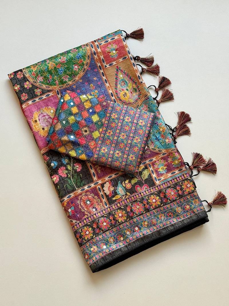 Black Color Printed With Hand Aari Work Jari Outing Work With Mirror Dola Silk Saree