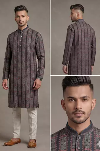 Black floral digital print art silk mandarin collar men's kurta