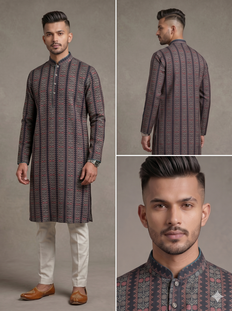 Black floral digital print art silk mandarin collar men's kurta