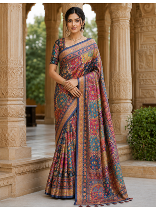 Neavy Blue Color Printed With Hand Aari Work Jari Outing Work With Mirror Dola Silk Saree 1