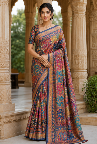 Neavy Blue Color Printed With Hand Aari Work Jari Outing Work With Mirror Dola Silk Saree