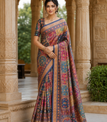 Neavy Blue Color Printed With Hand Aari Work Jari Outing Work With Mirror Dola Silk Saree