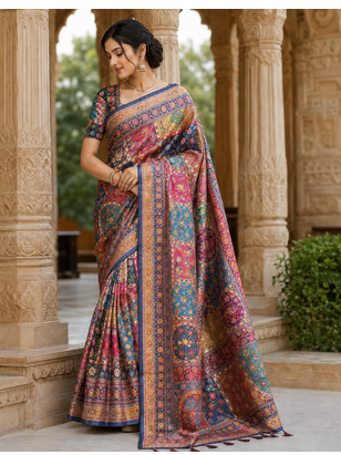Neavy Blue Color Printed With Hand Aari Work Jari Outing Work With Mirror Dola Silk Saree 2