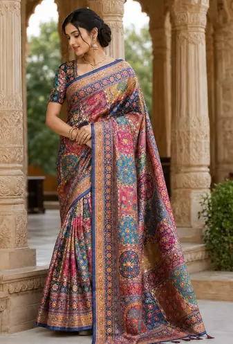 Neavy Blue Color Printed With Hand Aari Work Jari Outing Work With Mirror Dola Silk Saree