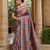 Neavy Blue Color Printed With Hand Aari Work Jari Outing Work With Mirror Dola Silk Saree