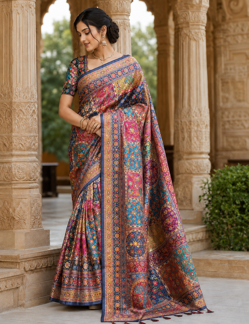 Neavy Blue Color Printed With Hand Aari Work Jari Outing Work With Mirror Dola Silk Saree