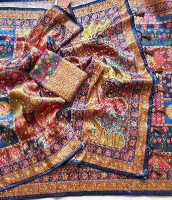 Neavy Blue Color Printed With Hand Aari Work Jari Outing Work With Mirror Dola Silk Saree 3