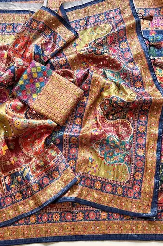 Neavy Blue Color Printed With Hand Aari Work Jari Outing Work With Mirror Dola Silk Saree