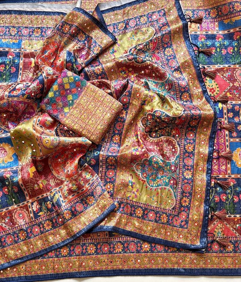 Neavy Blue Color Printed With Hand Aari Work Jari Outing Work With Mirror Dola Silk Saree