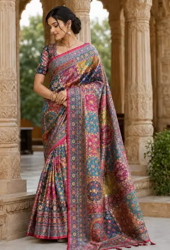 Rani Pink Color Printed With Hand Aari Work Jari Outing Work With Mirror Dola Silk Saree
