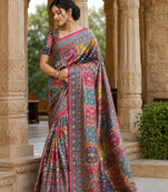 Rani Pink Color Printed With Hand Aari Work Jari Outing Work With Mirror Dola Silk Saree