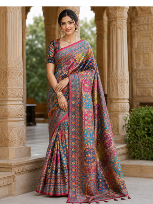 Rani Pink Color Printed With Hand Aari Work Jari Outing Work With Mirror Dola Silk Saree 2