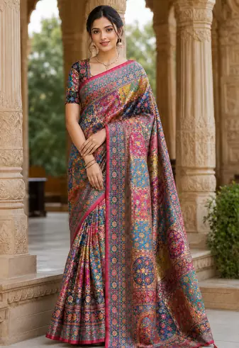 Rani Pink Color Printed With Hand Aari Work Jari Outing Work With Mirror Dola Silk Saree