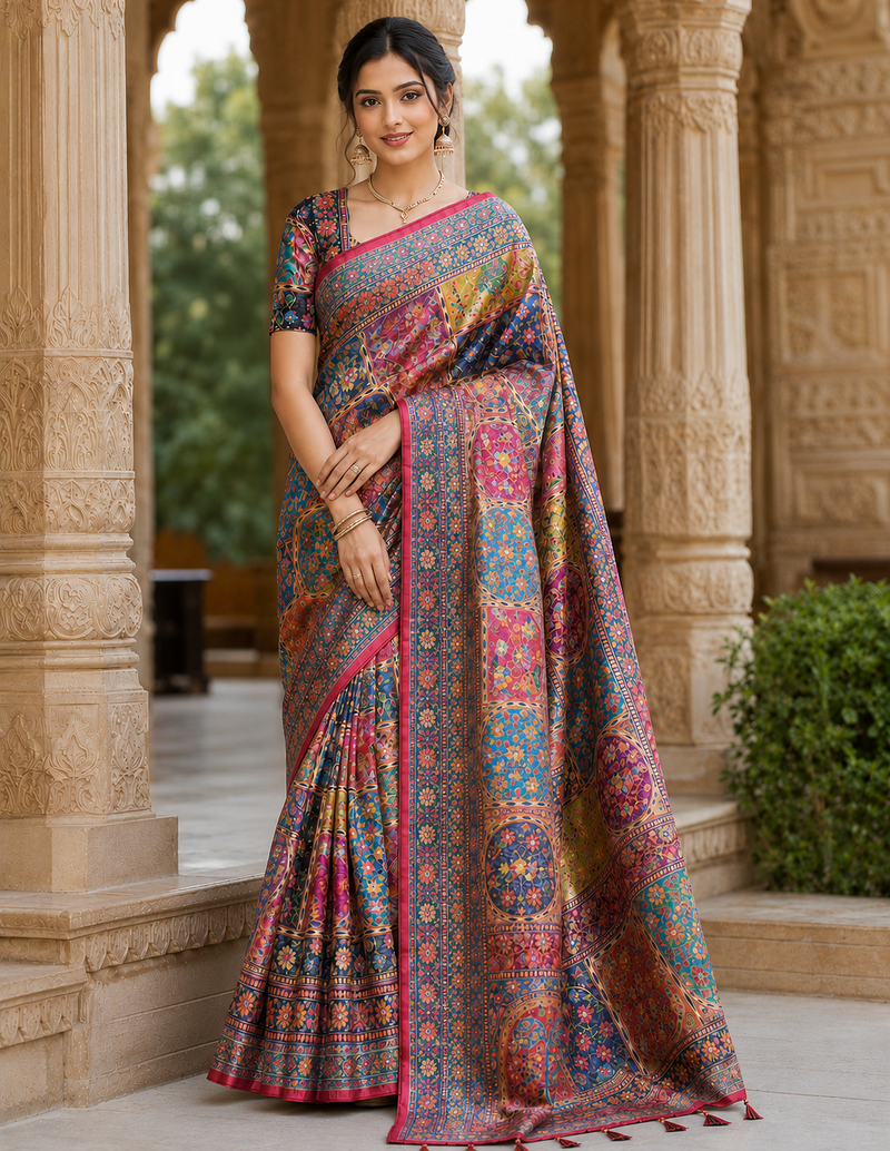 Rani Pink Color Printed With Hand Aari Work Jari Outing Work With Mirror Dola Silk Saree