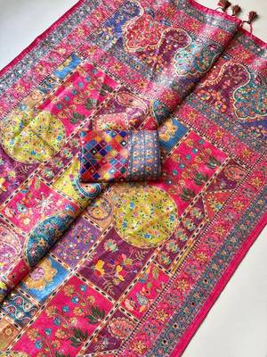 Rani Pink Color Printed With Hand Aari Work Jari Outing Work With Mirror Dola Silk Saree 3