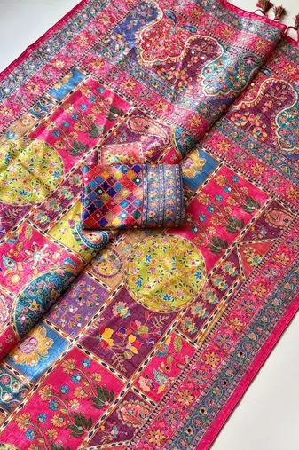 Rani Pink Color Printed With Hand Aari Work Jari Outing Work With Mirror Dola Silk Saree