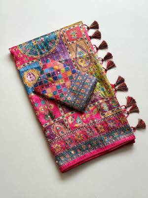 Rani Pink Color Printed With Hand Aari Work Jari Outing Work With Mirror Dola Silk Saree 4