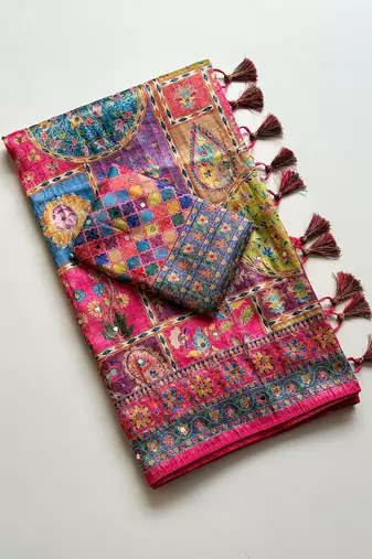Rani Pink Color Printed With Hand Aari Work Jari Outing Work With Mirror Dola Silk Saree