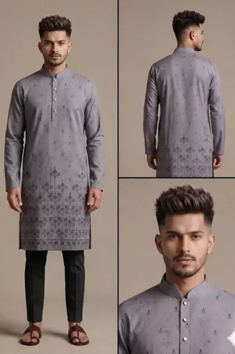 Grey digital printed faux silk blend mandarin collar straight men's kurta