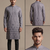 Grey digital printed faux silk blend mandarin collar straight men's kurta