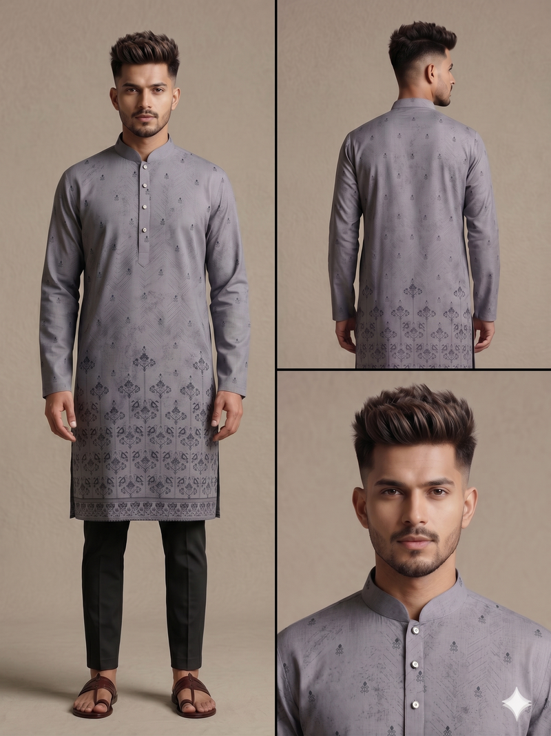 Grey digital printed faux silk blend mandarin collar straight men's kurta