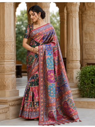 Red Color Printed With Hand Aari Work Jari Outing Work With Mirror Dola Silk Saree 1