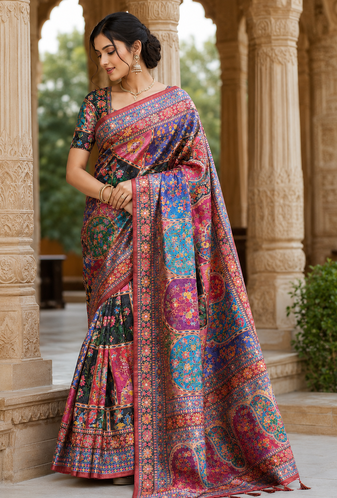 Red Color Printed With Hand Aari Work Jari Outing Work With Mirror Dola Silk Saree