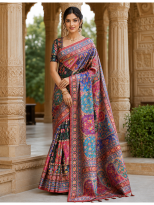 Red Color Printed With Hand Aari Work Jari Outing Work With Mirror Dola Silk Saree 2