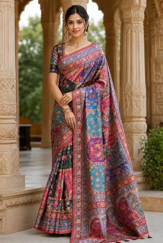 Red Color Printed With Hand Aari Work Jari Outing Work With Mirror Dola Silk Saree