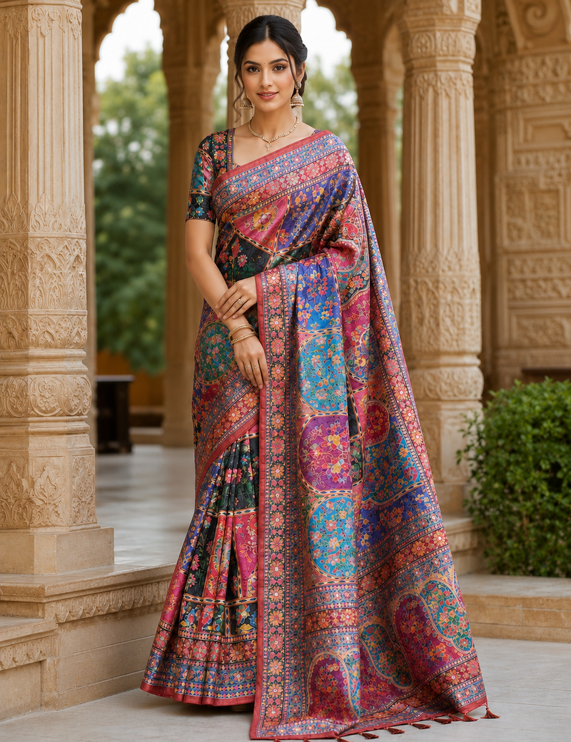 Red Color Printed With Hand Aari Work Jari Outing Work With Mirror Dola Silk Saree
