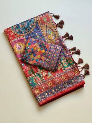 Red Color Printed With Hand Aari Work Jari Outing Work With Mirror Dola Silk Saree 5