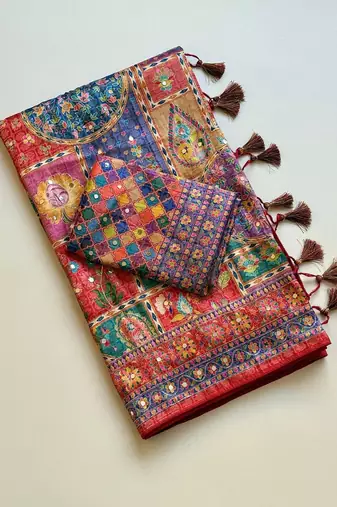 Red Color Printed With Hand Aari Work Jari Outing Work With Mirror Dola Silk Saree